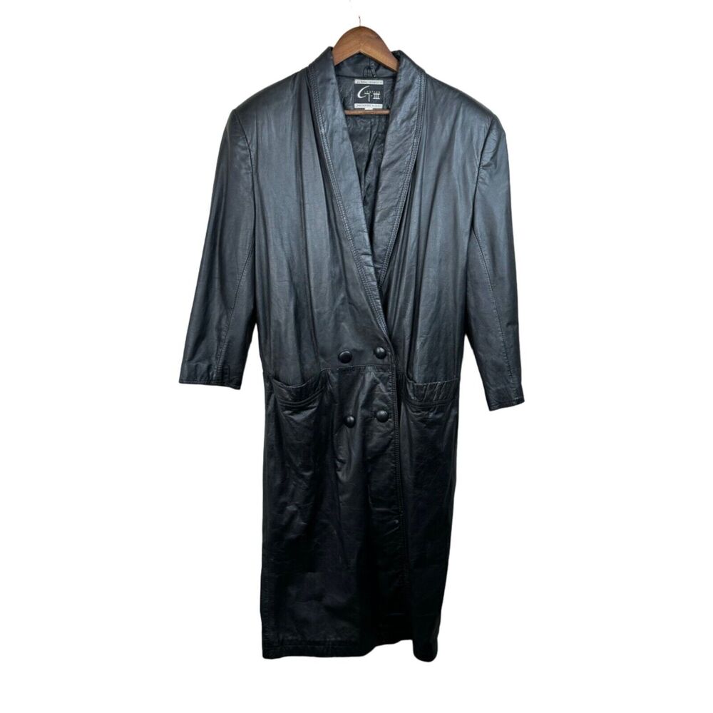 Vintage Global Identity‎ Leather Coat Black Long Double-Breasted Pockets Medium